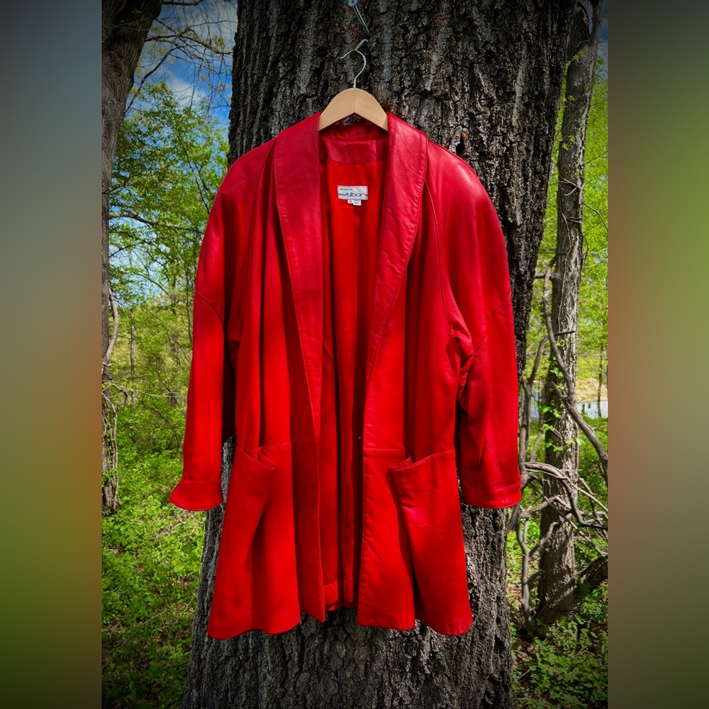 Vintage 80's Tibor Red Leather Long Jacket